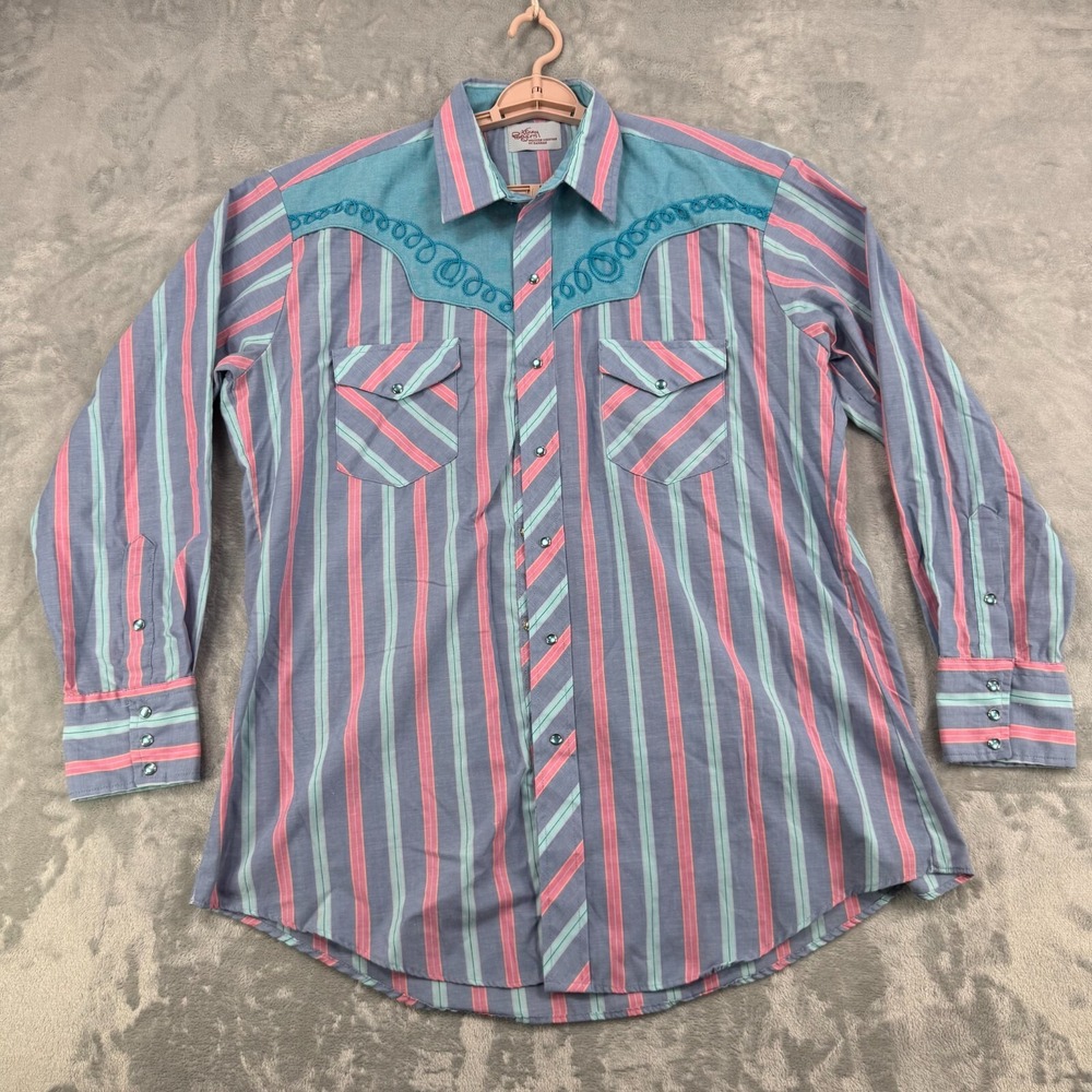 Kenny Rogers Western Shirt Men XL Blue Striped Embroidered USA Collection Karman